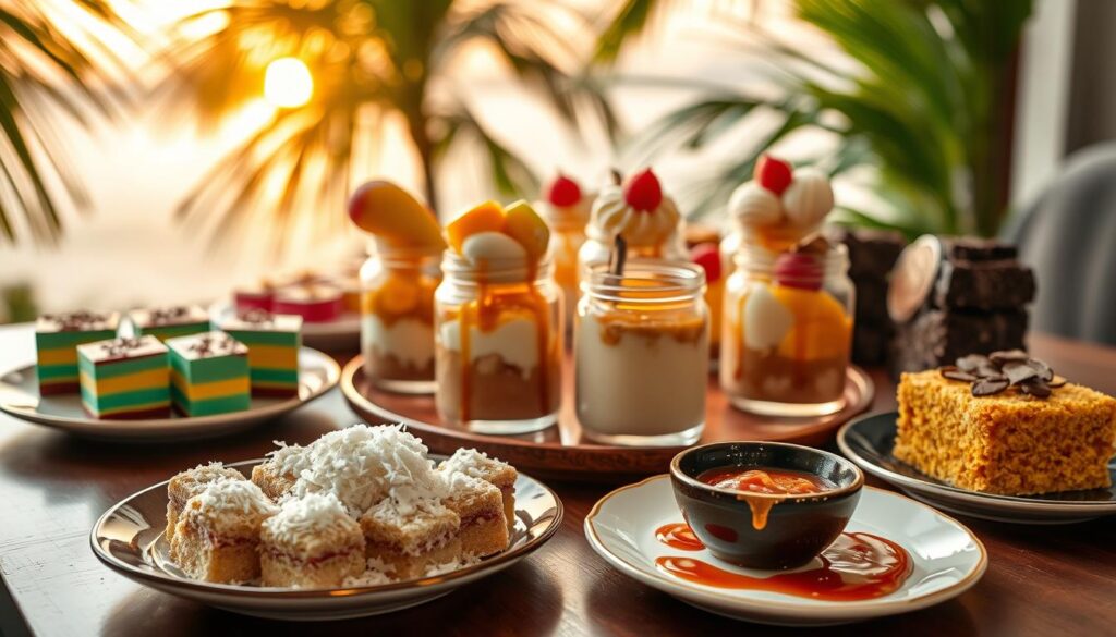 A beautifully arranged table showcasing an array of viral Indonesian desserts, including colorful layered kue, rich chocolate brownies, and delicate eucalyptus-flavored puding. In the foreground, a vibrant plate of klepon, glistening with grated coconut, and a small bowl of sweet sambal for dipping. In the middle, several desserts elegantly displayed in glass jars, drizzled with caramel sauce and topped with fresh fruit like mango and lychee. The background features a softly blurred tropical setting with palm leaves and a subtle sunset, casting warm golden light across the scene. The atmosphere is inviting and festive, evoking the joy of sharing delicious treats. The composition is shot from a slightly elevated angle, enhancing the presentation of this dessert spread.