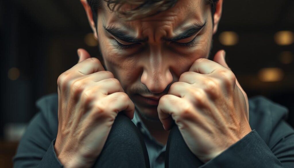 A close-up of a person experiencing physical symptoms of anxiety, displaying tension in their facial expressions and body language. The foreground should feature the individual's hands gripping their knees tightly, with slight sweat on their brow. In the middle layer, the person's anxious expression is highlighted, showcasing furrowed brows and a tight jaw. The background can be softly blurred, hinting at an office environment, with dim lighting that creates a somber and reflective mood. Use a shallow depth of field to draw focus to the subject's face and hands, while maintaining a warm color palette that subtly conveys discomfort and unease, yet remains professional.