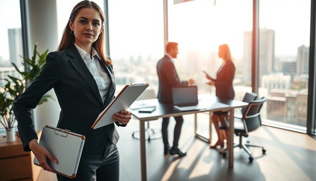 A dynamic scene depicting a debt collector in a professional business setting. In the foreground, a well-dressed debt collector (female, mid-30s) stands confidently, holding a clipboard and wearing a focused expression. In the middle ground, two individuals engage in a conversation at a desk cluttered with financial documents and a laptop, showcasing a negotiation atmosphere. In the background, a modern office space with large windows and city skyline views floods the room with natural light, creating a professional ambiance. The image should capture the tension and seriousness of the debt collection process while maintaining a respectful and composed mood, using a wide-angle lens for depth and clarity. Soft shadows and balanced lighting enhance the scene's professionalism.
