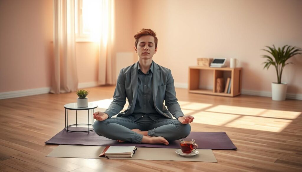 A serene indoor setting depicting a person practicing anxiety management techniques. In the foreground, a young adult is seated cross-legged on a yoga mat, closing their eyes and taking deep breaths, dressed in comfortable yet professional attire. In the middle ground, a small table with calming items is visible, such as a plant, a journal, and a cup of herbal tea, symbolizing self-care. The background shows a softly lit room with pastel-colored walls and warm sunlight streaming in through a window, casting gentle shadows. The overall mood is peaceful and introspective, encouraging a sense of calm and wellbeing. The image is framed to emphasize both the individual and their tranquil environment, highlighting the practical techniques for managing anxiety.