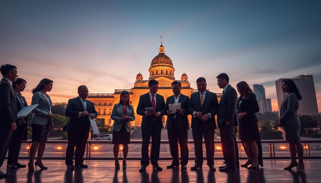 A sophisticated and symbolic representation of the "mechanism of power reproduction" in Indonesian political elites. In the foreground, a diverse group of professionals in formal business attire engage in strategic discussions, analyzing documents and charts. The middle ground features a backdrop of a grand governmental building, symbolizing authority and tradition. In the background, a city skyline emerges under a twilight sky, hinting at the influence of the elites extending beyond politics into society at large. Soft, warm lighting creates a sense of urgency and focus, while the angle captures the dynamics of power and collaboration among the elite. The atmosphere is serious yet inspiring, reflecting the intricate network of political relationships that shape governance.