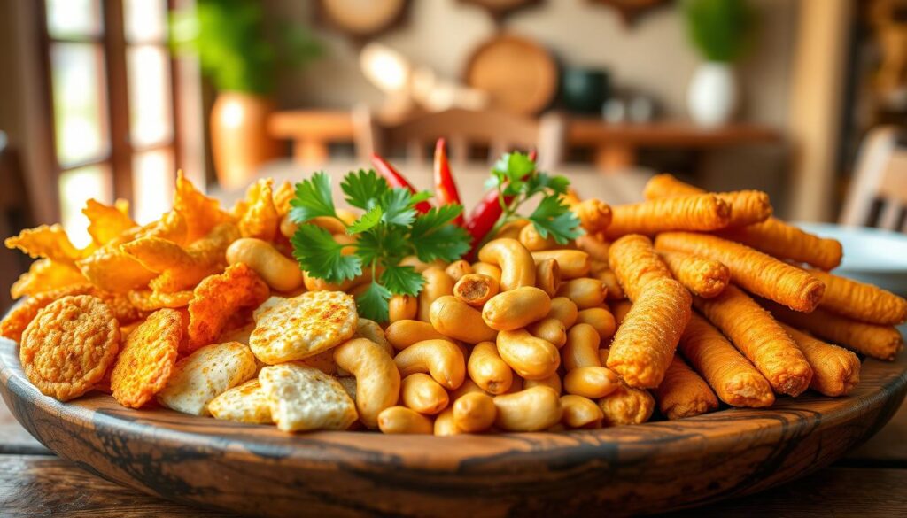 A vibrant and appetizing display of popular Indonesian savory snacks, including crispy fried tempeh, spicy fried peanuts, and golden-brown risoles, artistically arranged on a traditional wooden platter. The foreground highlights each snack with detailed textures and colors, reflecting their tantalizing qualities. In the middle, add decorative elements like fresh coriander and chili peppers for a pop of color. The background subtly features a blurred, rustic table setting with natural lighting streaming in, creating a warm, inviting atmosphere. Use a shallow depth of field to draw focus to the snacks, evoking a sense of excitement and indulgence. The overall mood is cheerful and lively, perfect for showcasing trending culinary delights in Indonesia.