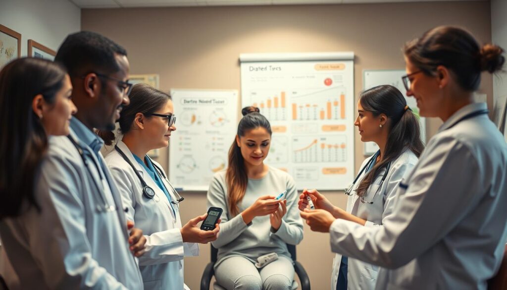 Create a detailed and informative scene illustrating diabetes treatment. In the foreground, depict a diverse group of medical professionals, including a doctor, a nurse, and a dietitian, all dressed in professional attire as they consult on diabetes management. In the middle ground, include a patient engaging with a glucose monitor and insulin injections, emphasizing personal care. Surround this scene with educational elements like a whiteboard displaying dietary plans and charts outlining blood sugar levels. The background should be a modern clinic with soft, warm lighting to create a welcoming atmosphere. Use a slight depth of field to focus on the interaction among the professionals and the patient, conveying a sense of hope and support in diabetes management.