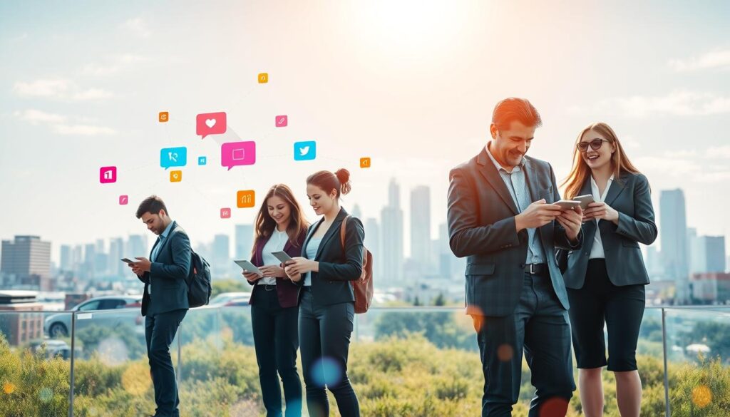 A vibrant digital landscape illustrating "social media and digital interaction." In the foreground, a diverse group of professionals in smart casual attire engages with various devices, showcasing their meaningful interactions. The middle layer features colorful, floating icons representing social media platforms like chat bubbles, likes, and shares, symbolizing connectivity and communication. In the background, a modern city skyline under a bright, clear sky suggests a harmonious blend of technology and urban life. Soft, warm lighting casts a welcoming glow, creating an optimistic atmosphere. The angle captures the scene from slightly above, giving a panoramic view of both the individuals and the digital elements, emphasizing collaboration and the wise use of technology in daily life.